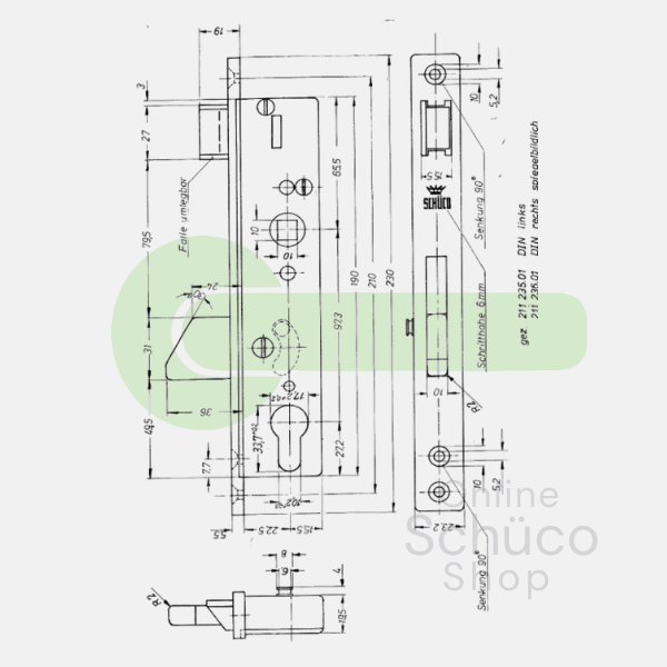 Schuco 211235 LS / 211236 RS Mortise deadbolt and latch lock* - 28/97/10